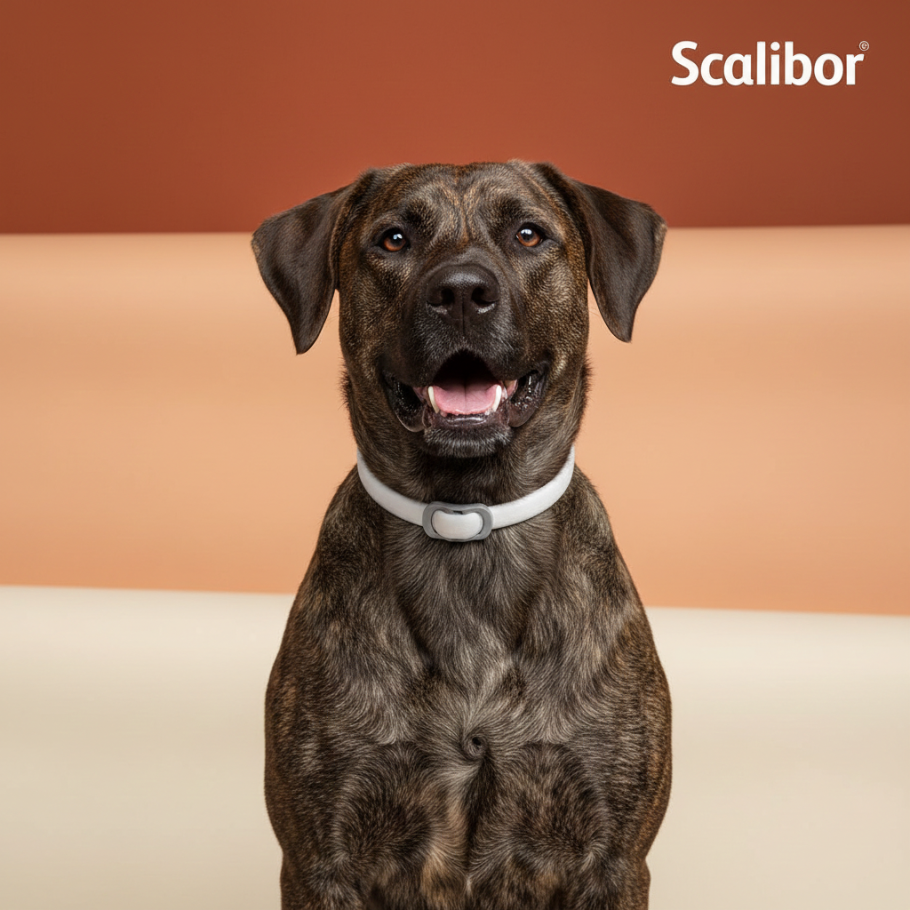 Dog wearing a white collar sitting on a beige couch with a brown background, featuring the Scalibor brand.