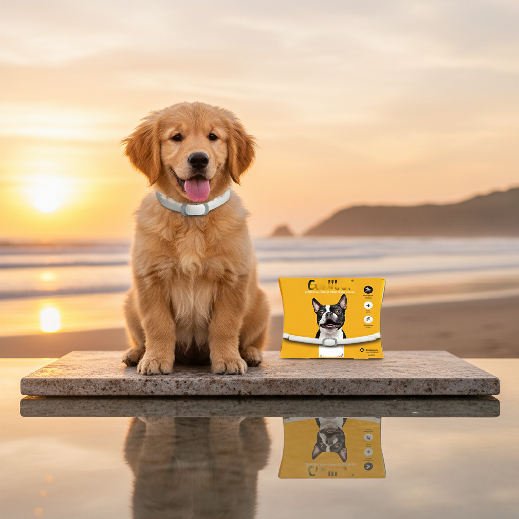 Dog sitting on a dock with a sunset background and a dog food package in the foreground.