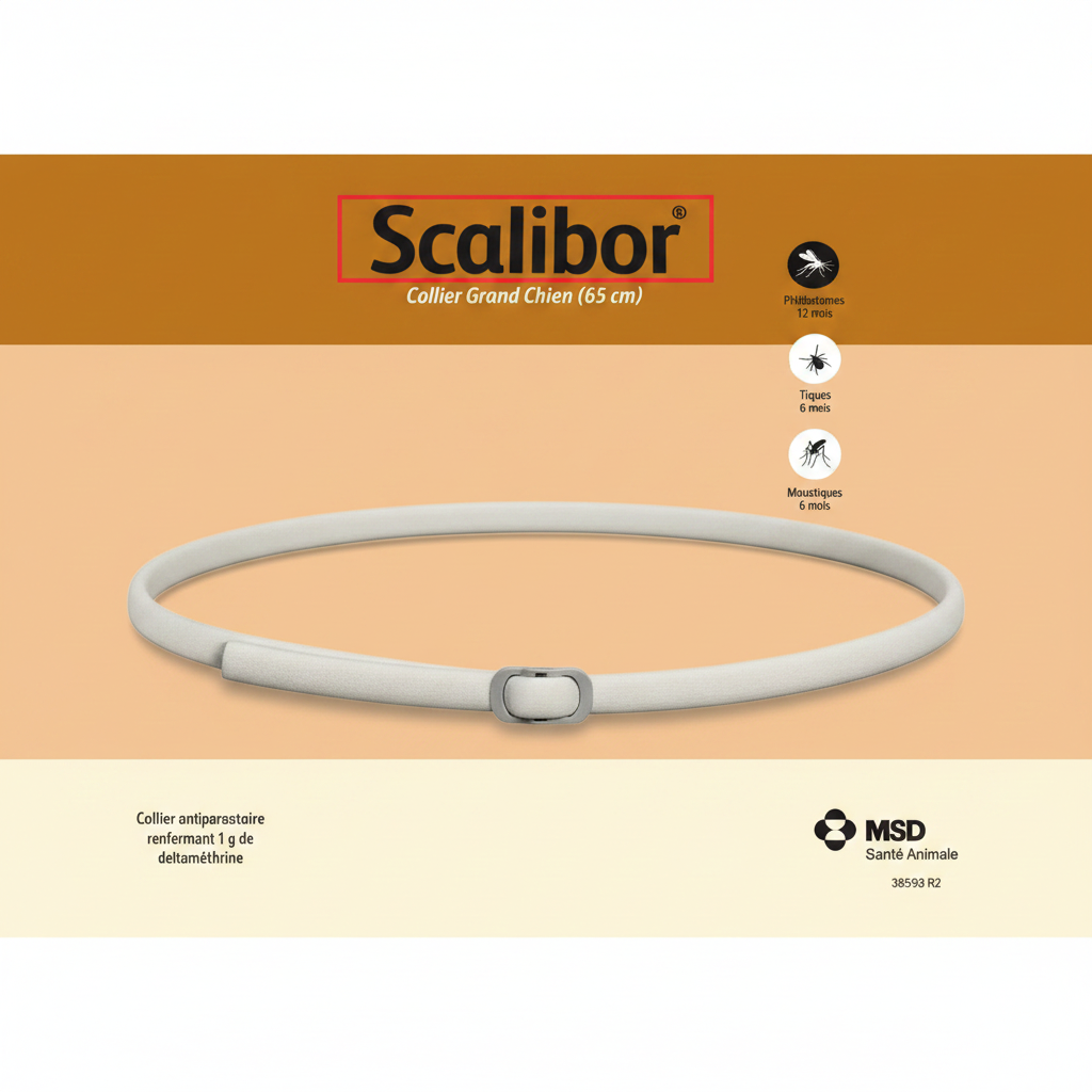 White dog collar on a beige background with Scalibor branding