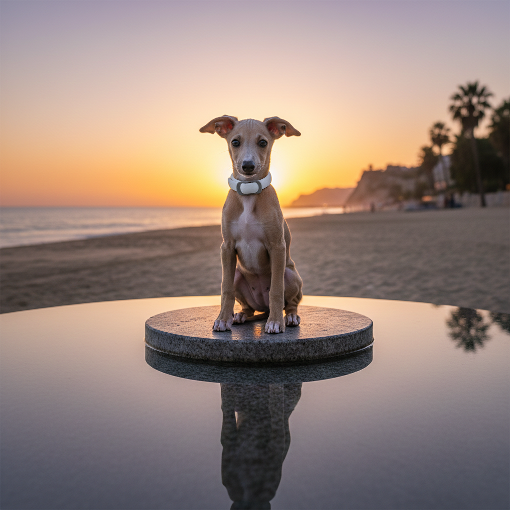Dog sitting on a platform with a sunset and beach in the background