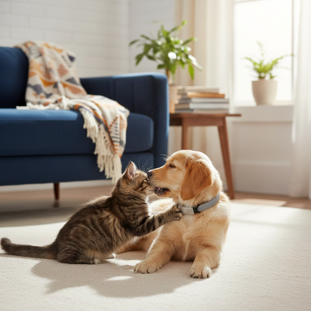 Cat and dog wearing silicone flea repellent collar interacting on a carpeted floor in a living room.