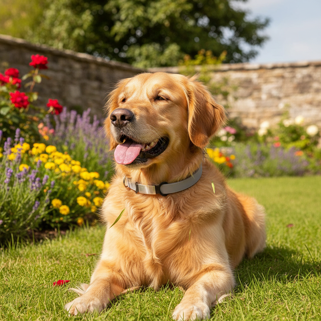 Golden retriever wearing silicone flea repellent collar sitting on grass with flowers and a stone wall in the background