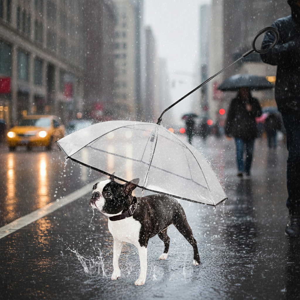 Dog under a clear umbrella on a rainy city street