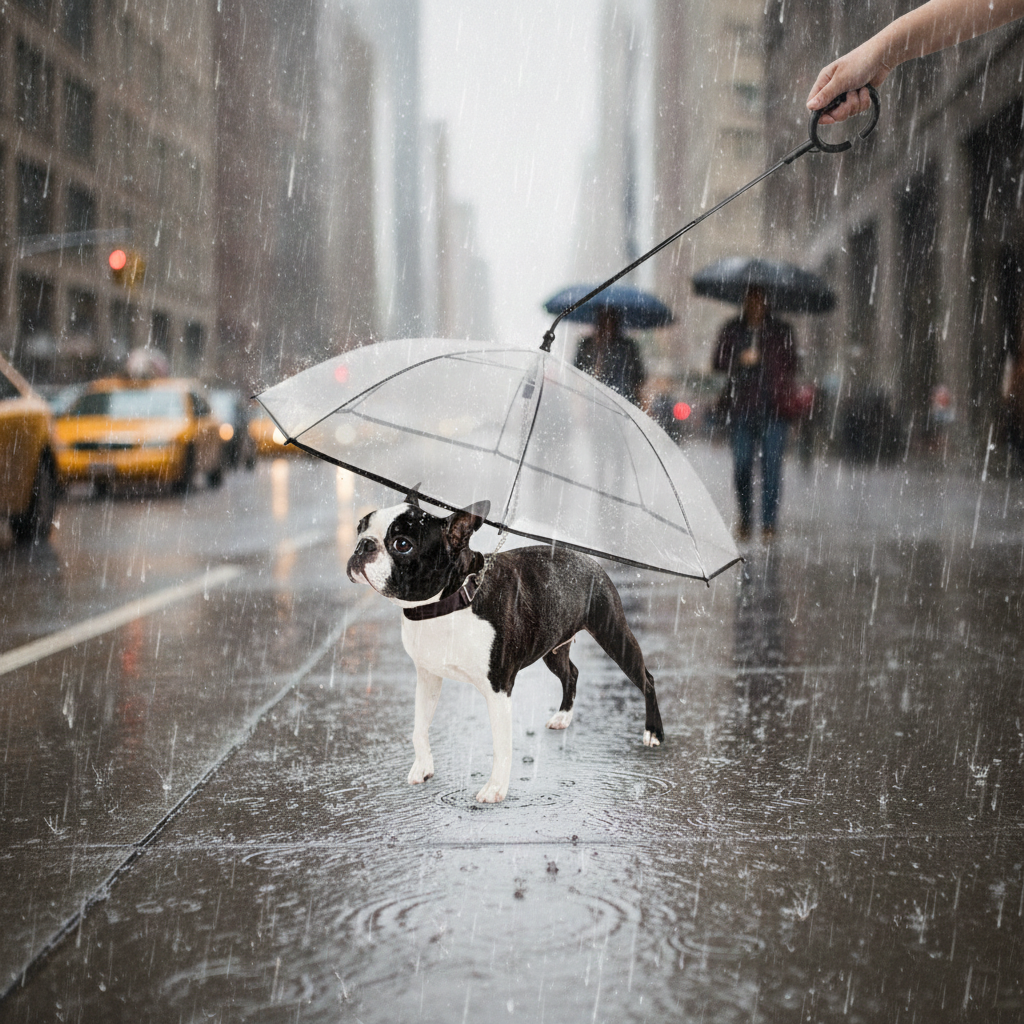 Dog under a clear umbrella on a rainy city street