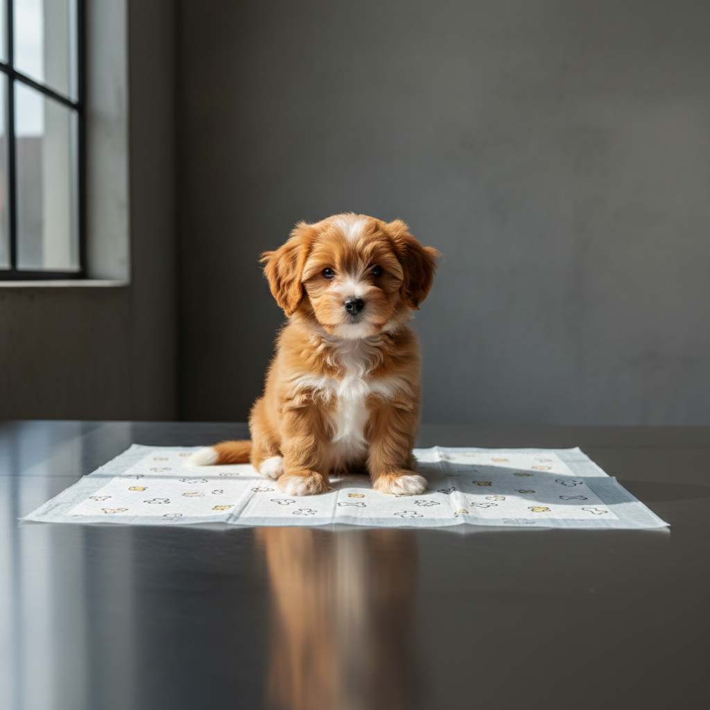 puppy sitting on washable and reusable pee pads