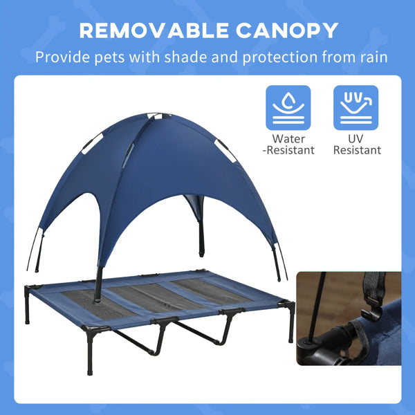 Blue pet canopy with text on a blue background