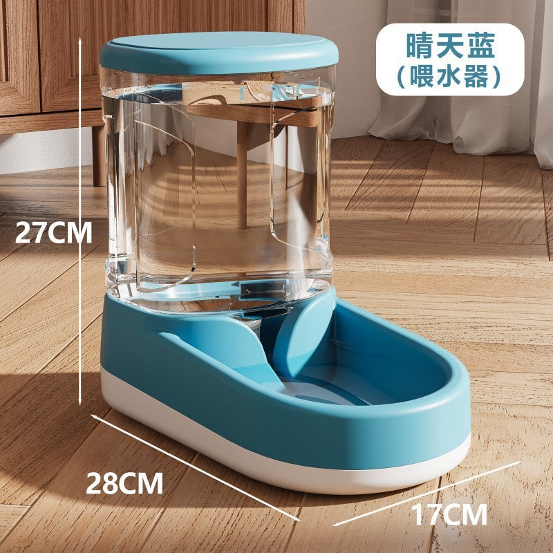 Blue pet feeder with water container on a wooden floor, showing dimensions.