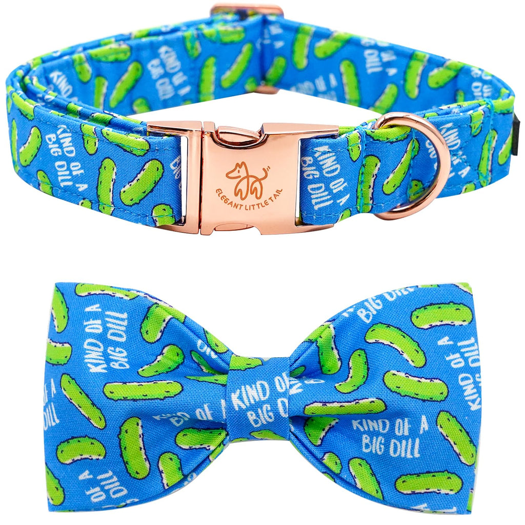 Dog collar and bow tie set with blue and green pattern on a white background