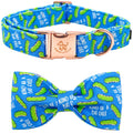 Dog collar and bow tie set with blue and green pattern on a white background