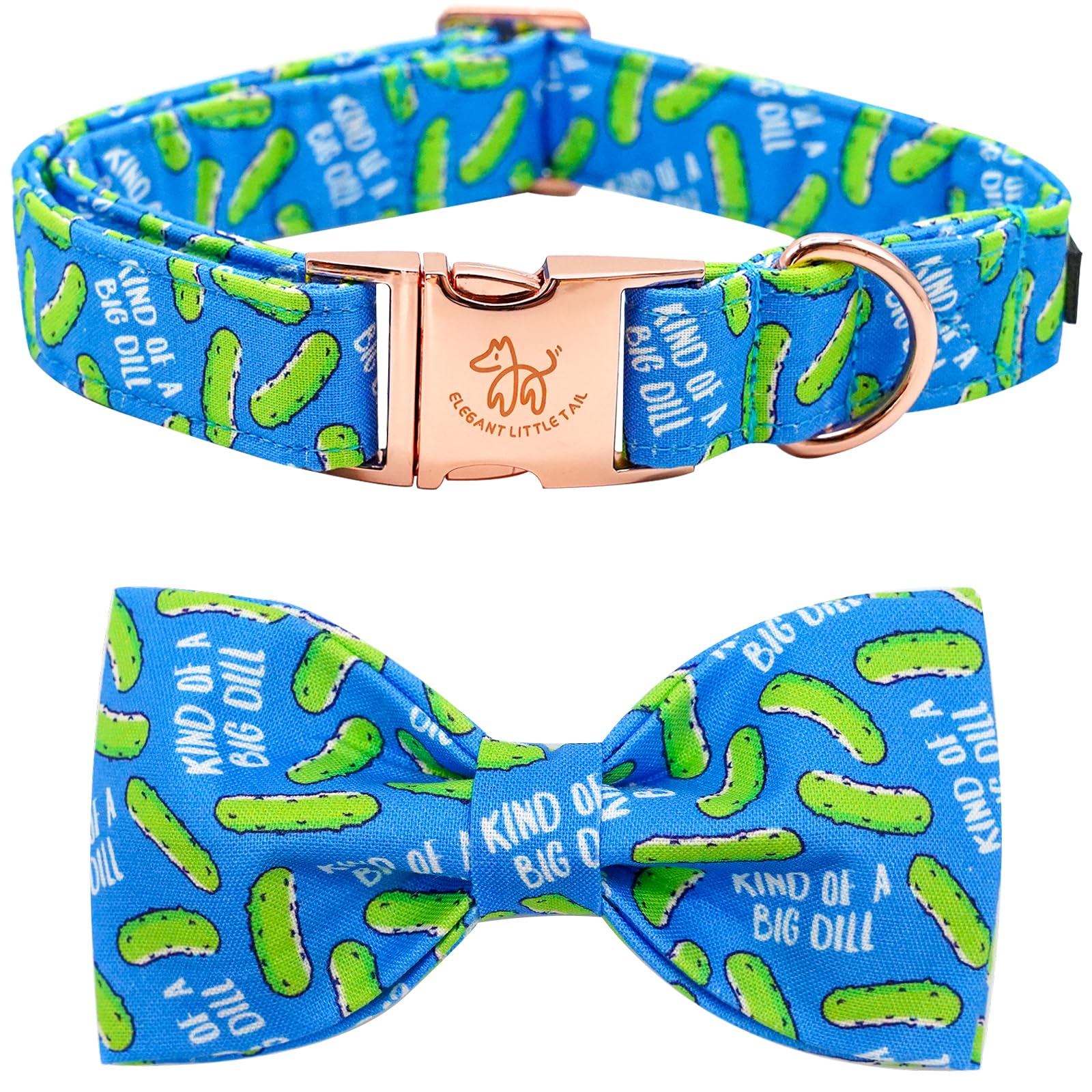 Dog collar and bow tie set with blue and green pattern on a white background