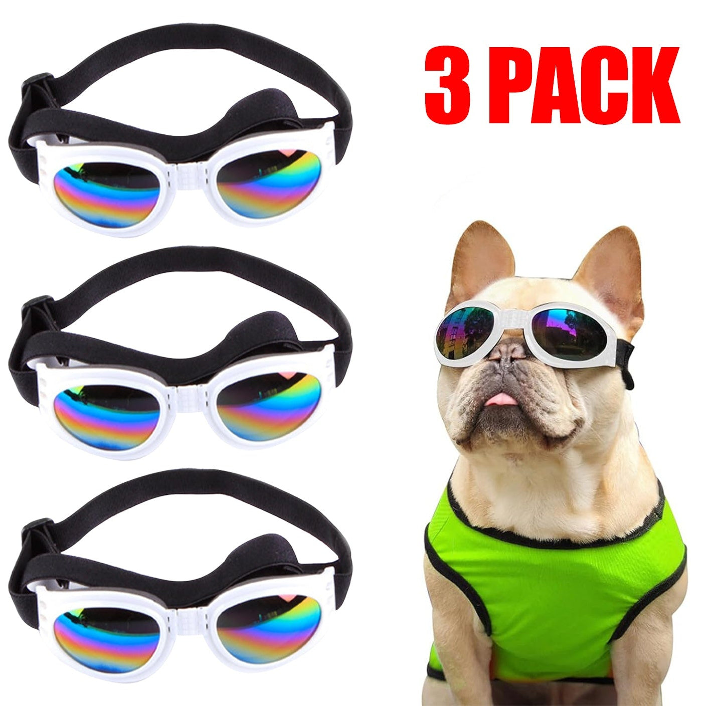 Three pairs of dog sunglasses with rainbow reflection and a dog wearing a green shirt on a white background.