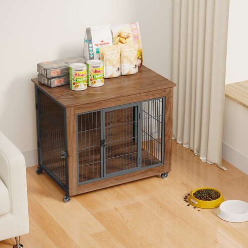 Wooden pet crate with wheels on a wooden floor, surrounded by pet food and a bowl.
