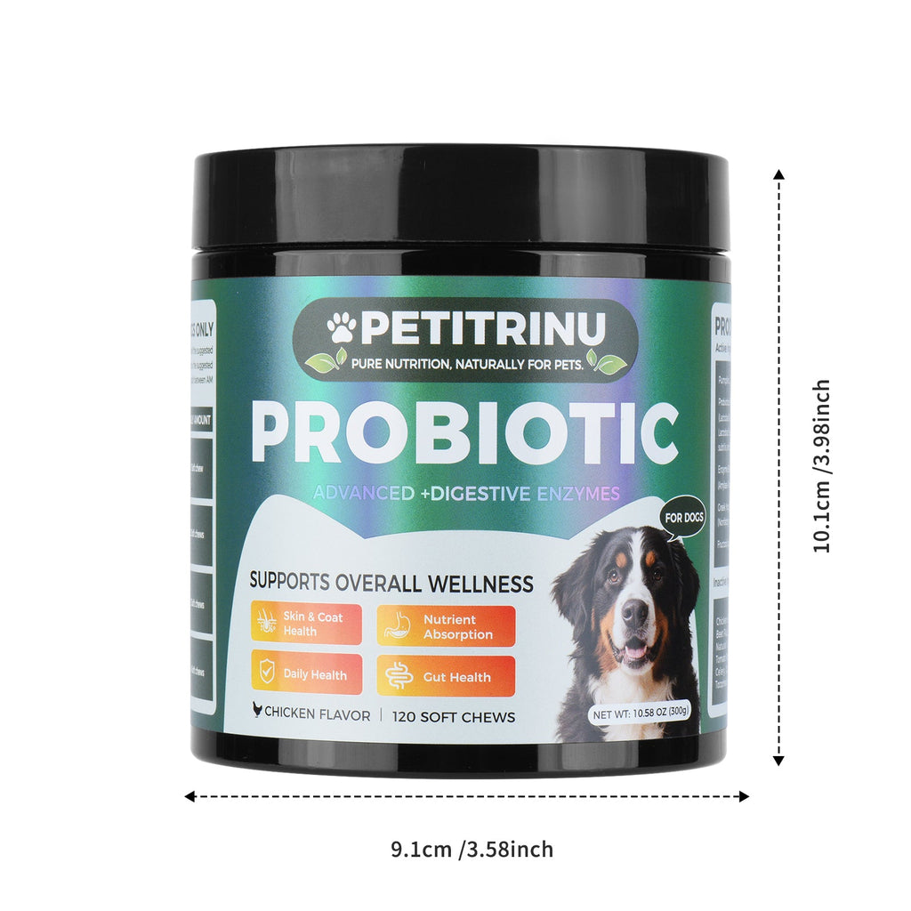 Petitrinu probiotic supplement for dogs with dimensions indicated on a white background