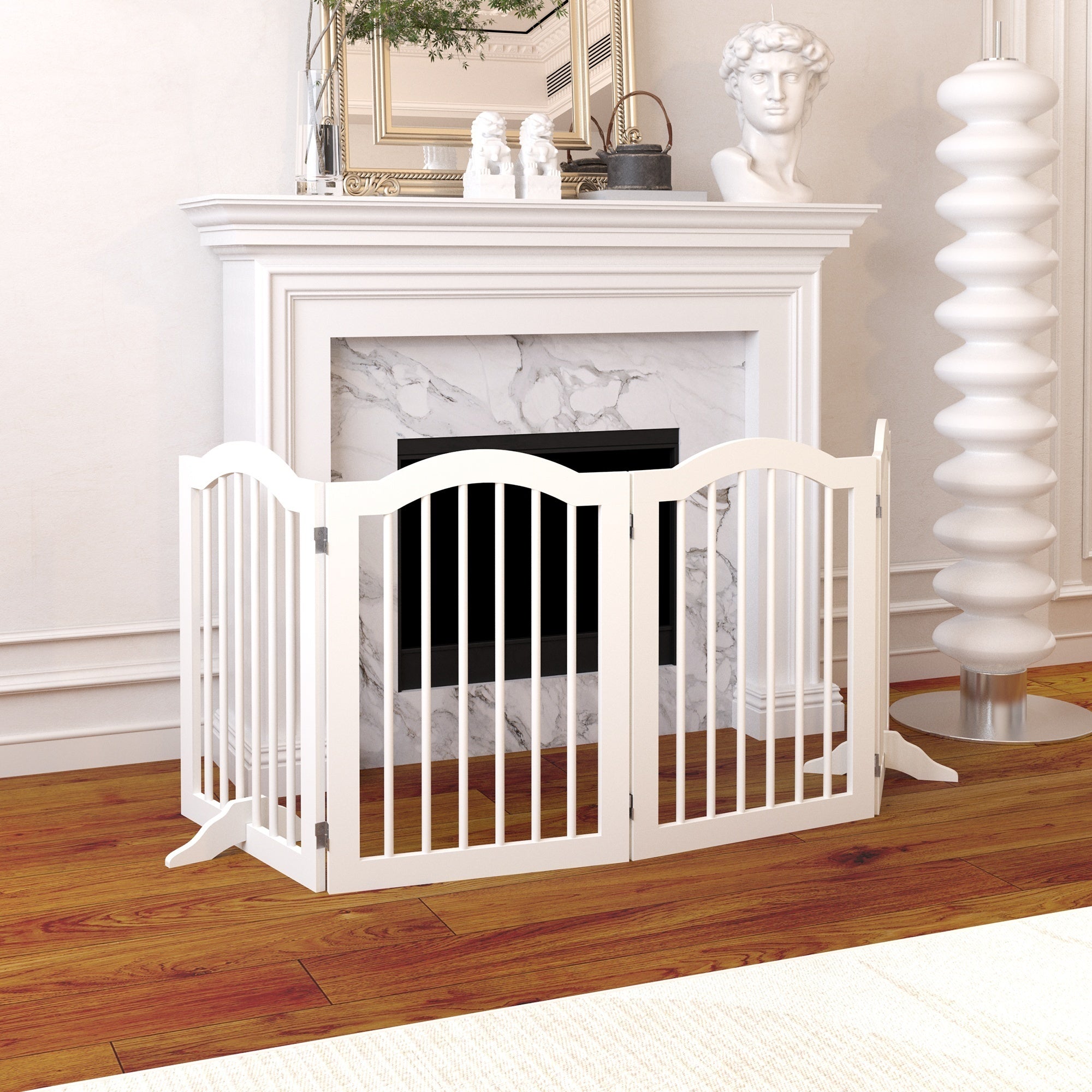 White pet gate in a room with a fireplace and decorative items.