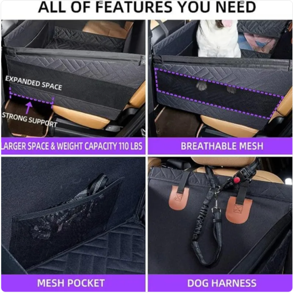Car organizer with features highlighted on a purple background