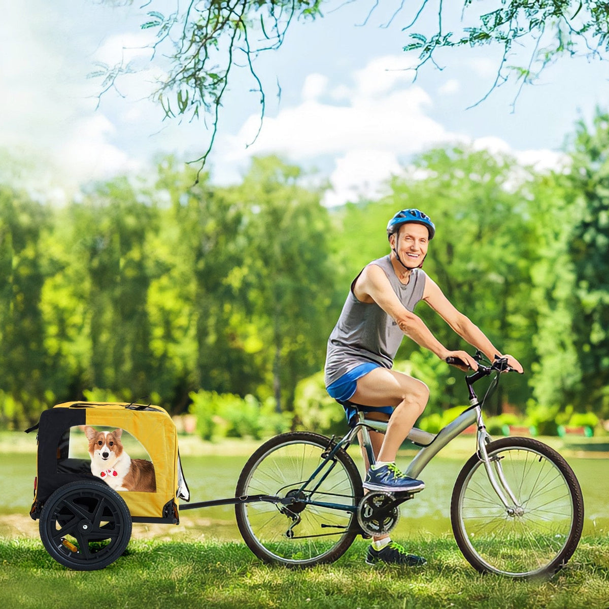 Foldable Dog Bicycle Trailer & Pet Stroller — 88lb Rated, Weatherproof, 16" Pneumatic Wheels (Yellow)