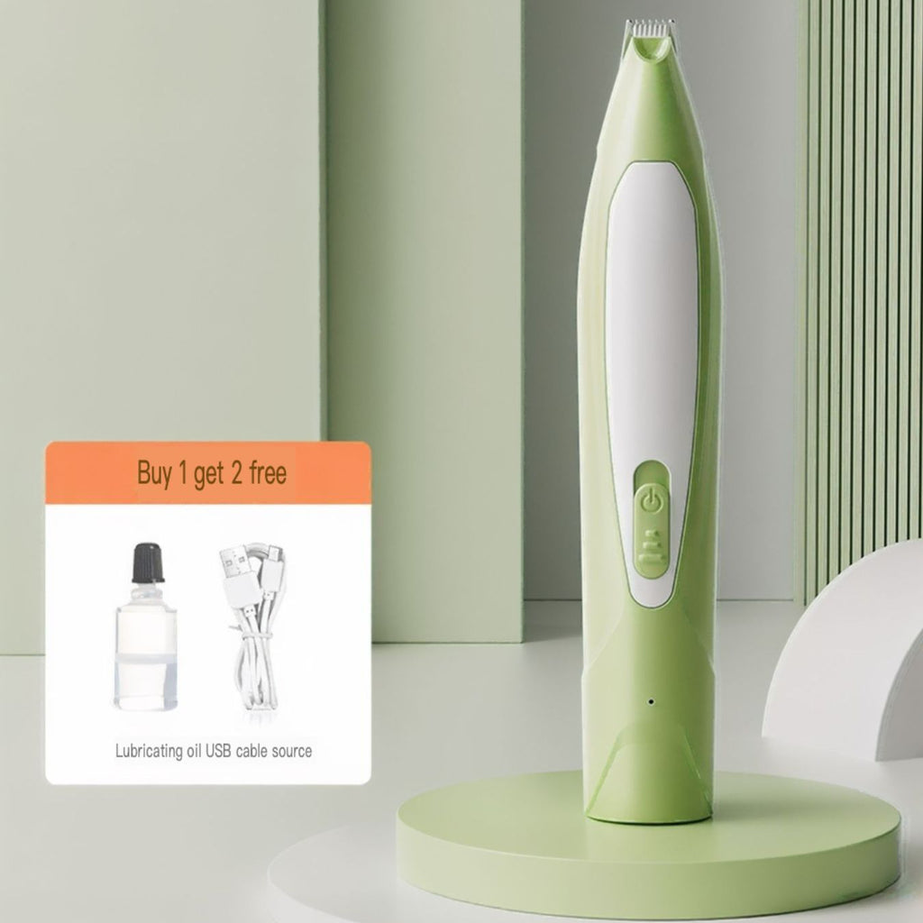 Green electronic device on a stand with a promotional card in the corner.