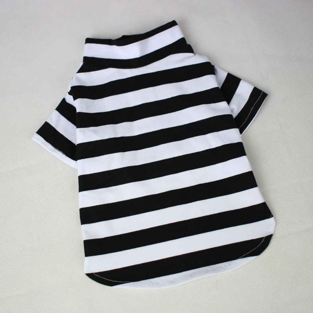 Black and white striped pet shirt on a light gray background