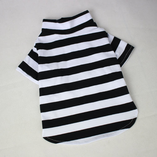 Black and white striped pet shirt on a light gray background