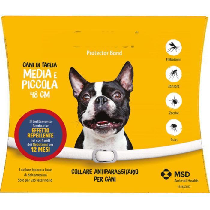 Dog collar packaging with a medium-sized dog illustration on a yellow background, featuring MSD Animal Health logo.