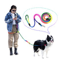 Person with a dog using colorful leashes, with a focus on the leashes.