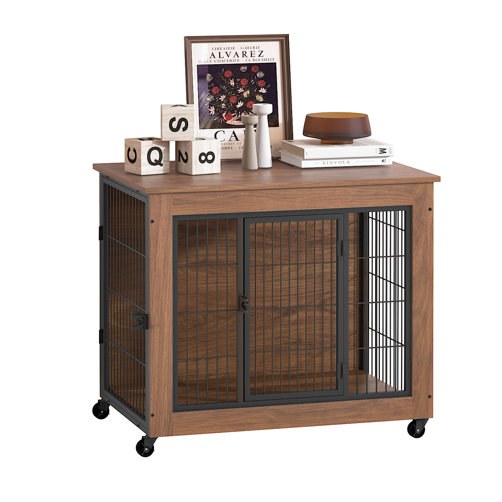 Wooden pet crate with metal doors on a white background
