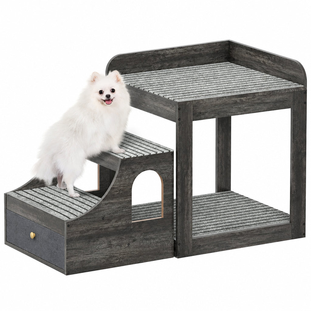 Cyclysio Multi-Level Pet Bunk Bed & Window Perch — Storage Drawer, 150lb Rated, 28" Tall (Grey, Large)