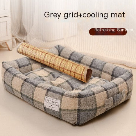 Plaid pet bed with a cooling mat on top in a room setting