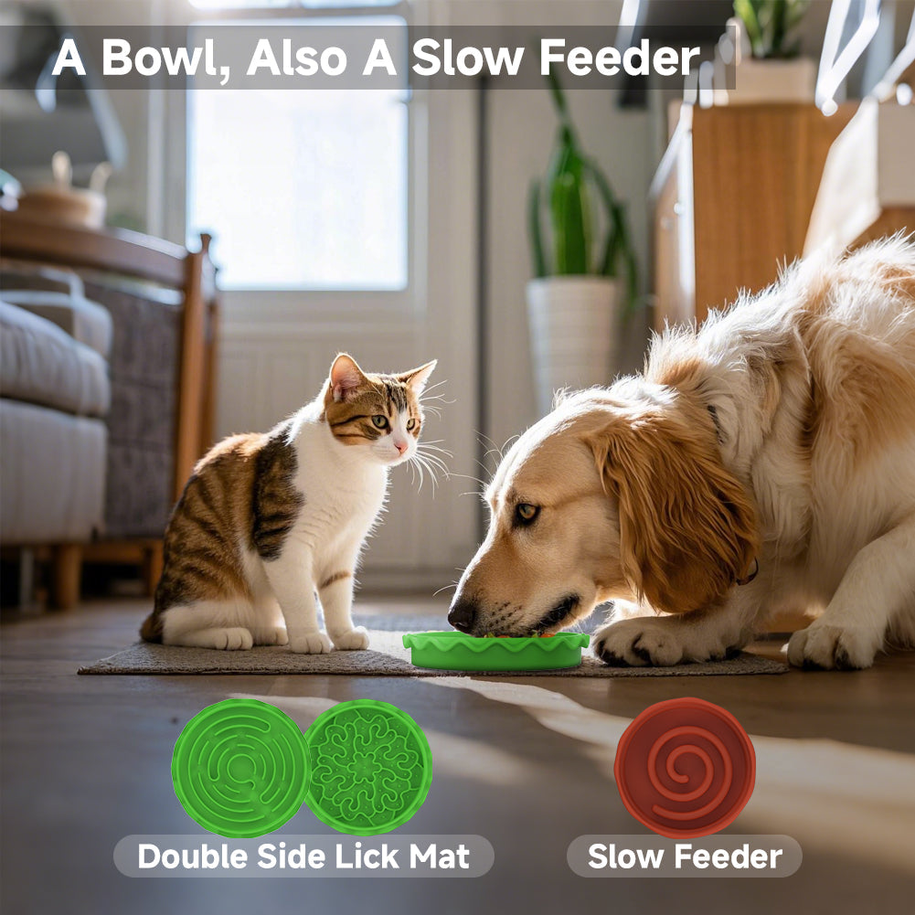 Dog and cat using a double-sided lick mat with text indicating it's also a slow feeder.