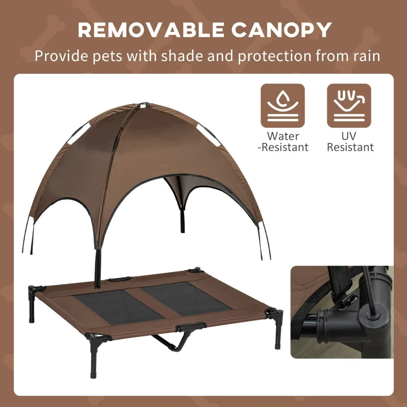 Brown pet bed with removable canopy, water-resistant and UV-resistant, on a brown background.