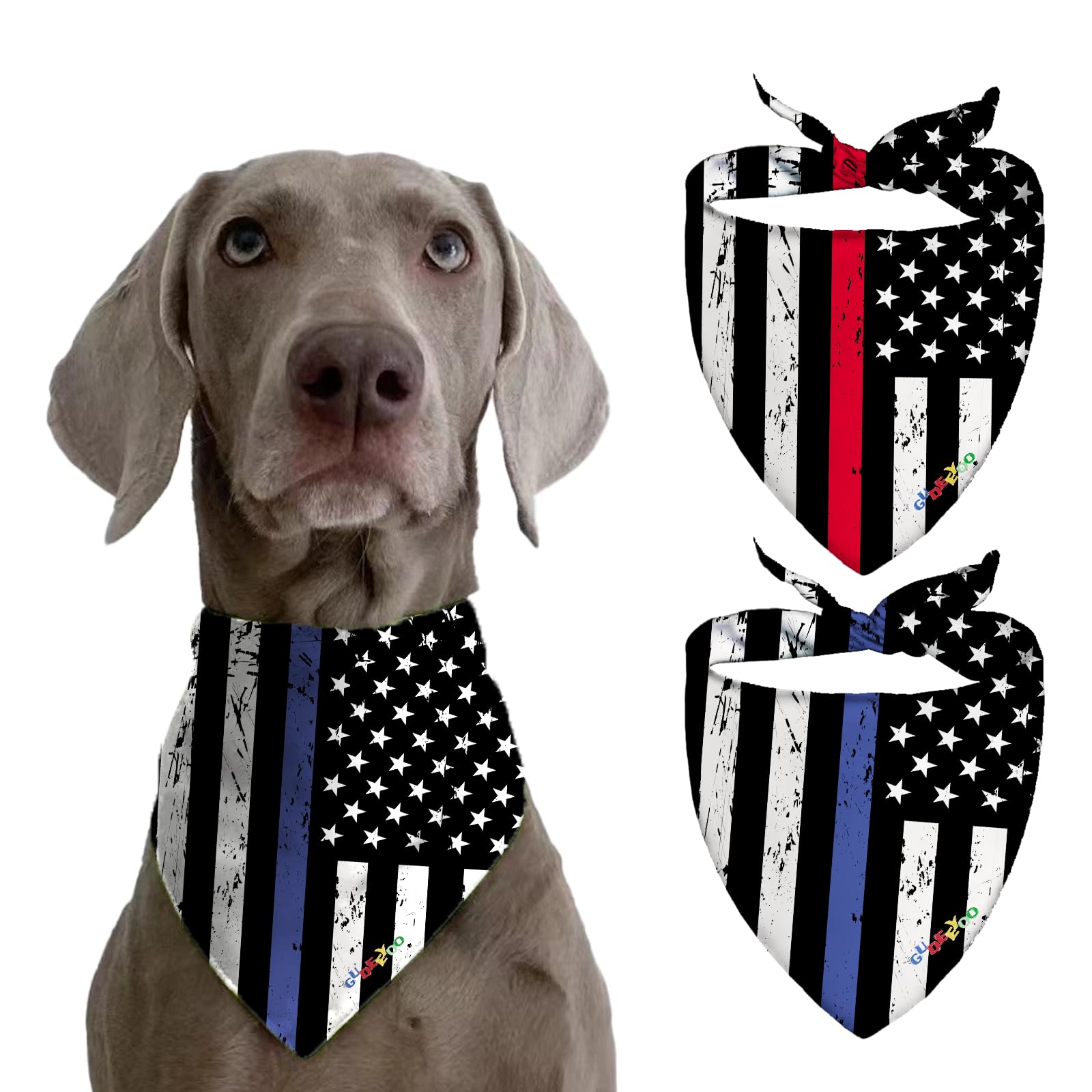 Dog wearing a bandana with American flag design, with additional bandanas displayed.