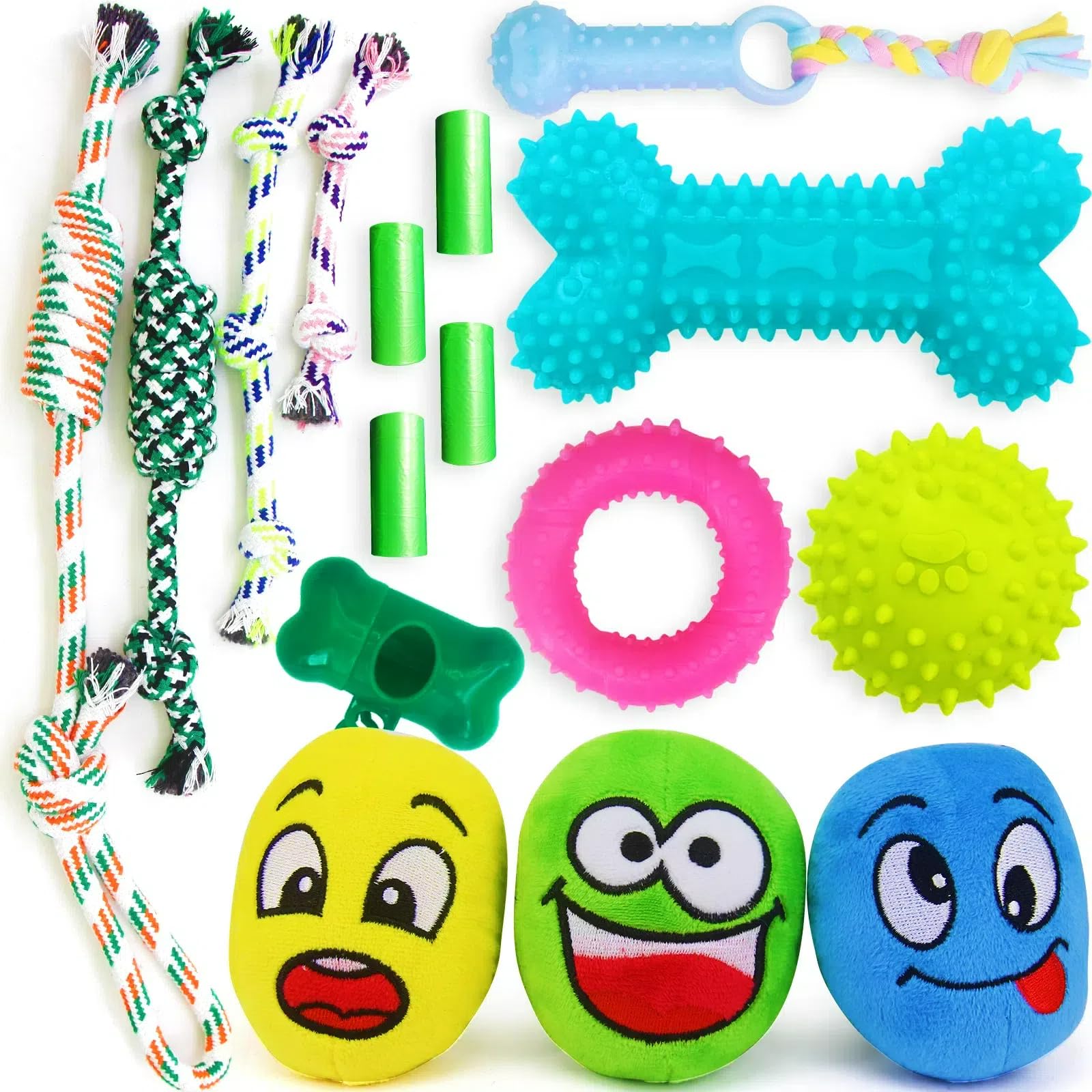 Assorted dog toys including bones, rings, and balls with faces on a white background