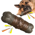 Dog chewing on a large brown and gray dog toy with a white background