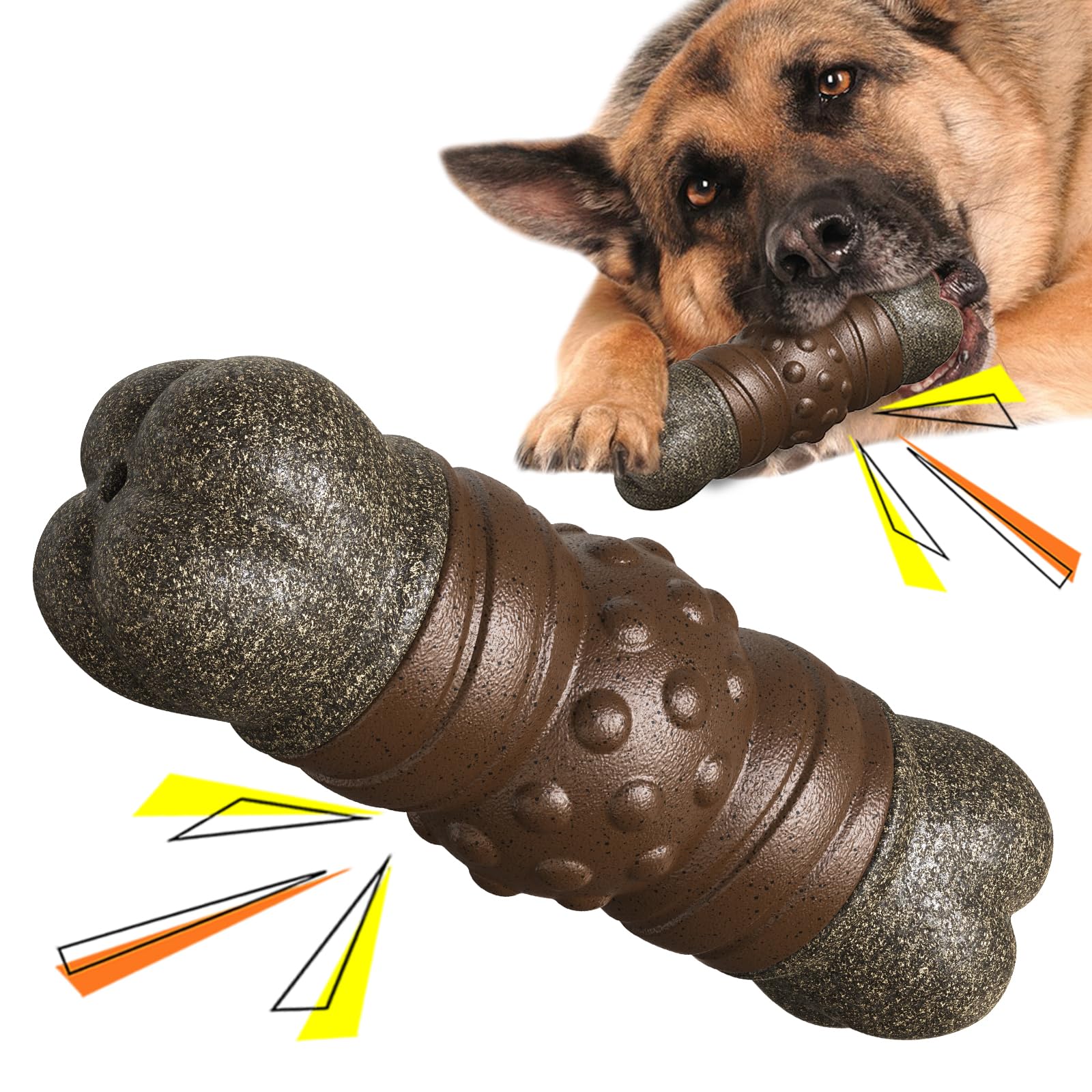 Dog chewing on a large brown and gray dog toy with a white background