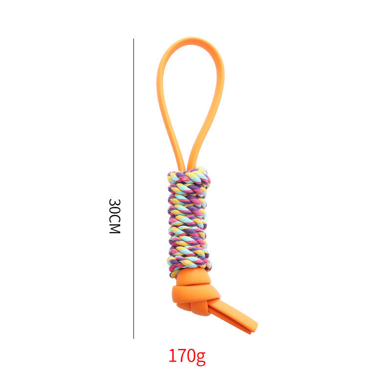 Colorful braided dog toy with measurements on a white background