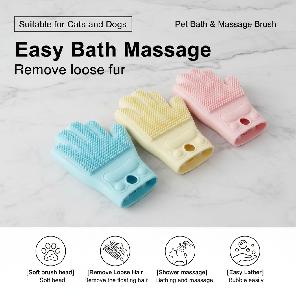 Three pet bath and massage brushes in blue, yellow, and pink on a marble surface.