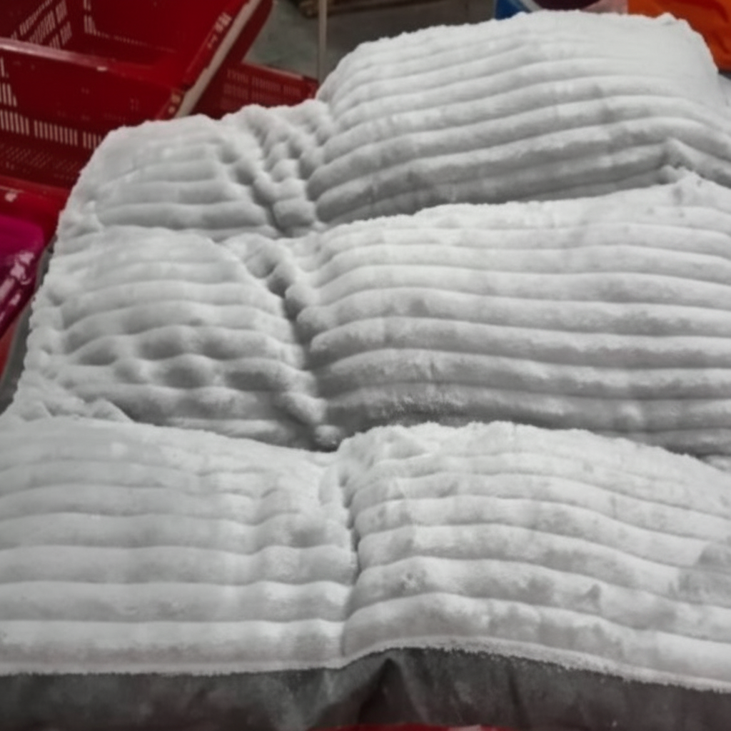 Folded white textured blanket on a surface with a blurred background