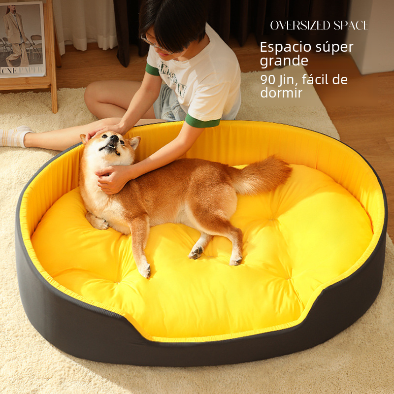 Dog lying on a large yellow pet bed with a child petting it, in a home setting.