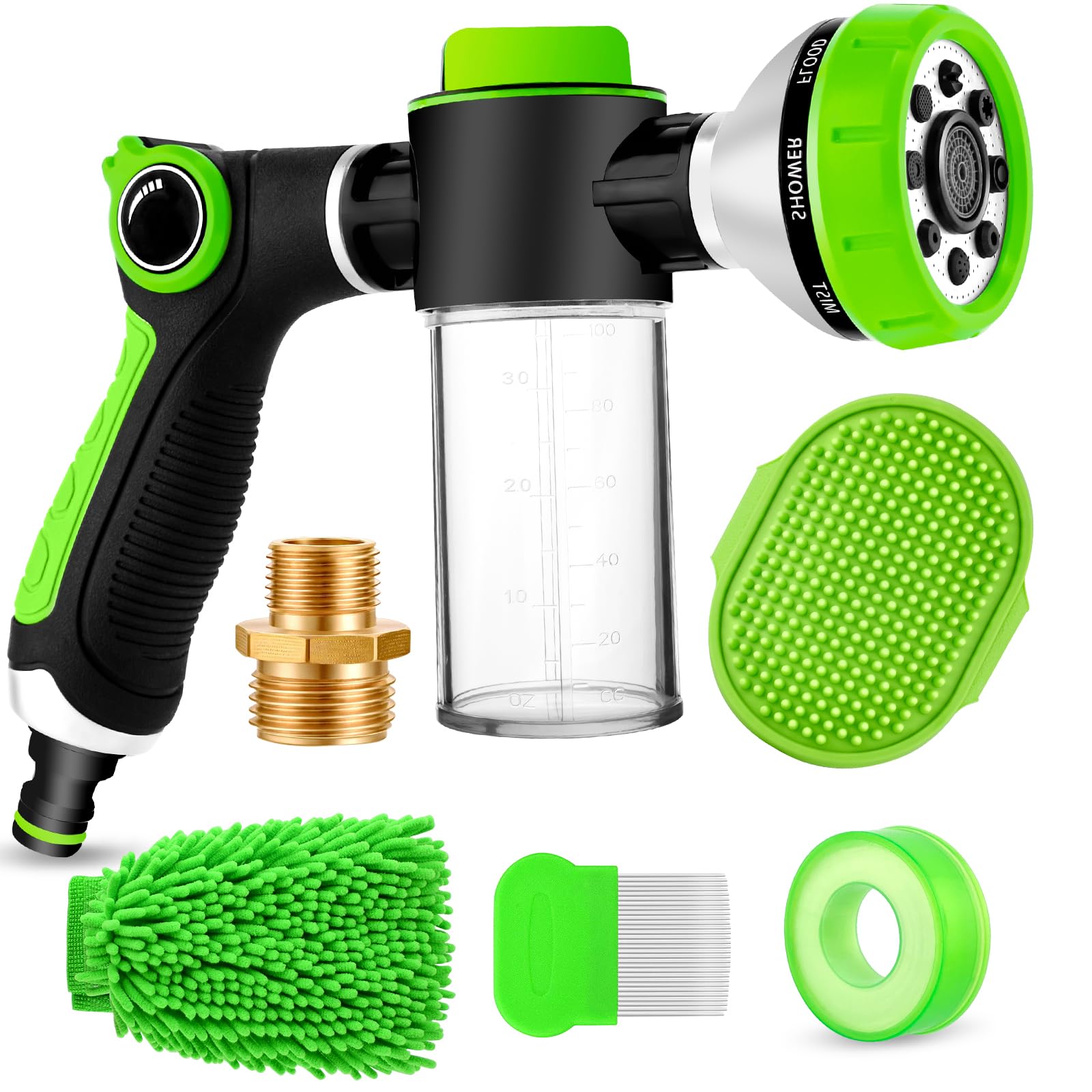 Green and black garden hose nozzle set with various attachments on a white background