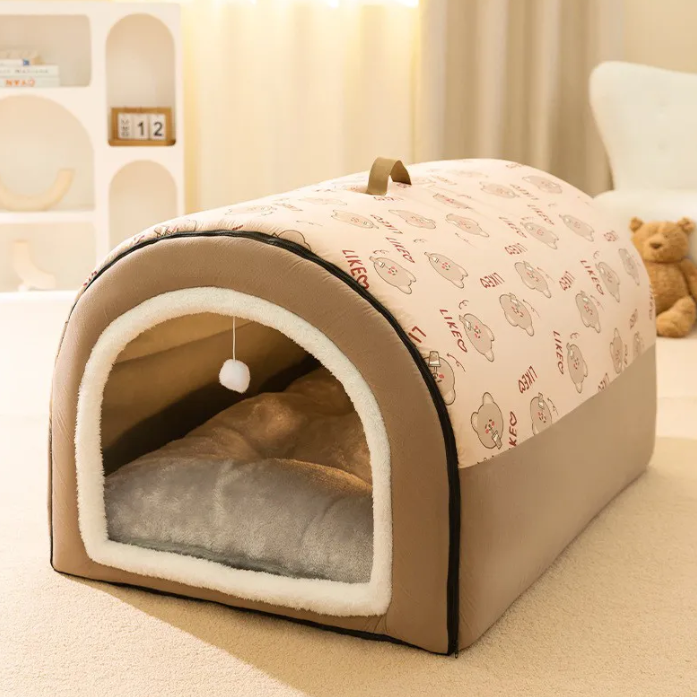 Pet bed with teddy bear pattern on a soft surface