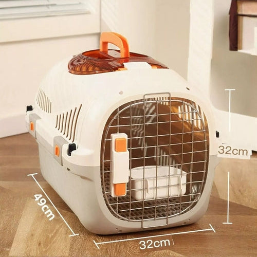 Pet carrier with dimensions on a wooden floor