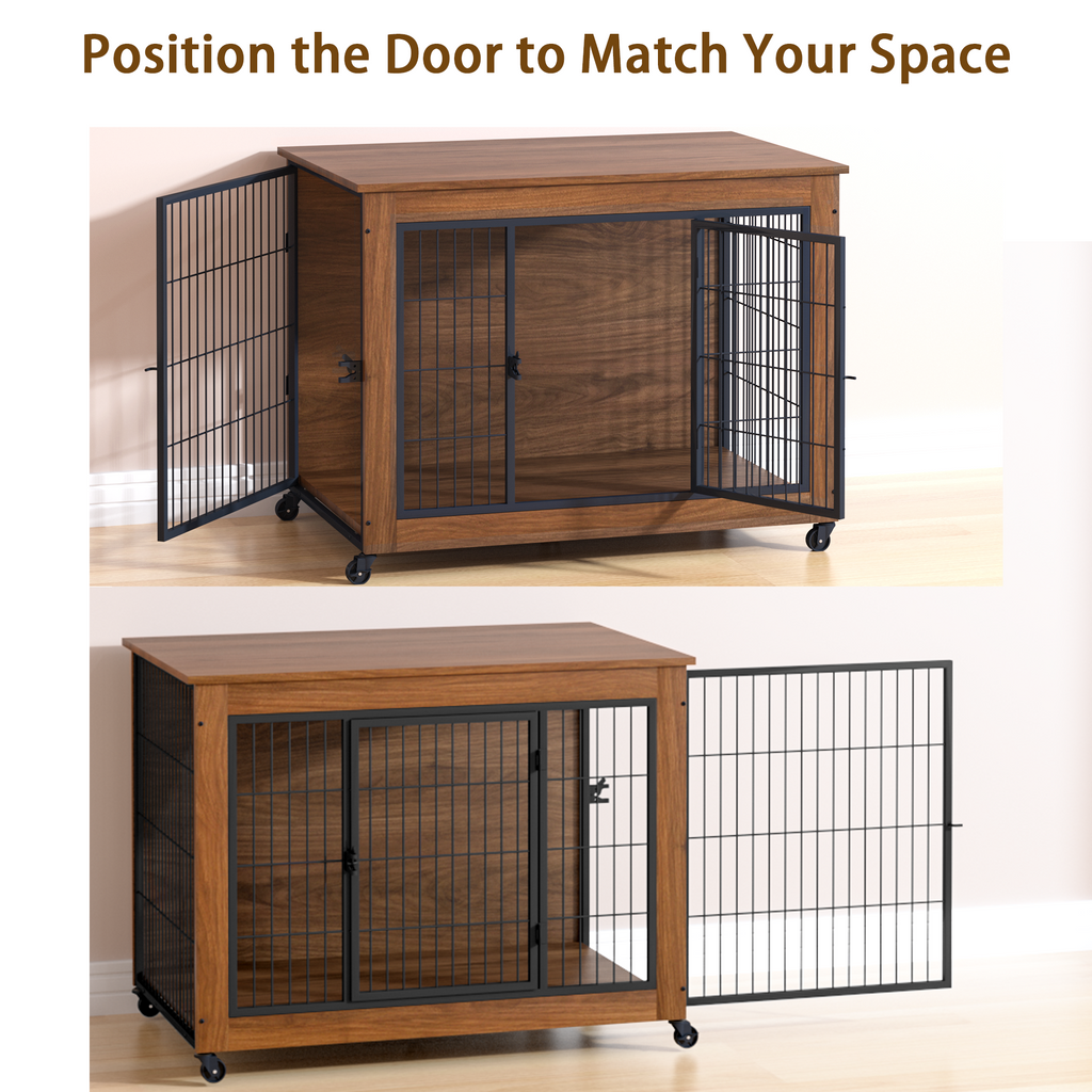 Wooden pet crate with sliding door on wheels, shown from two angles.
