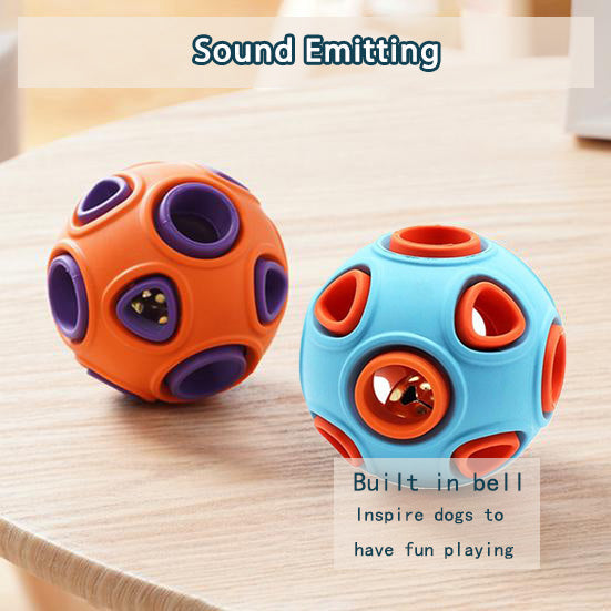Two colorful dog toys on a wooden surface with text indicating sound emitting and bell feature.