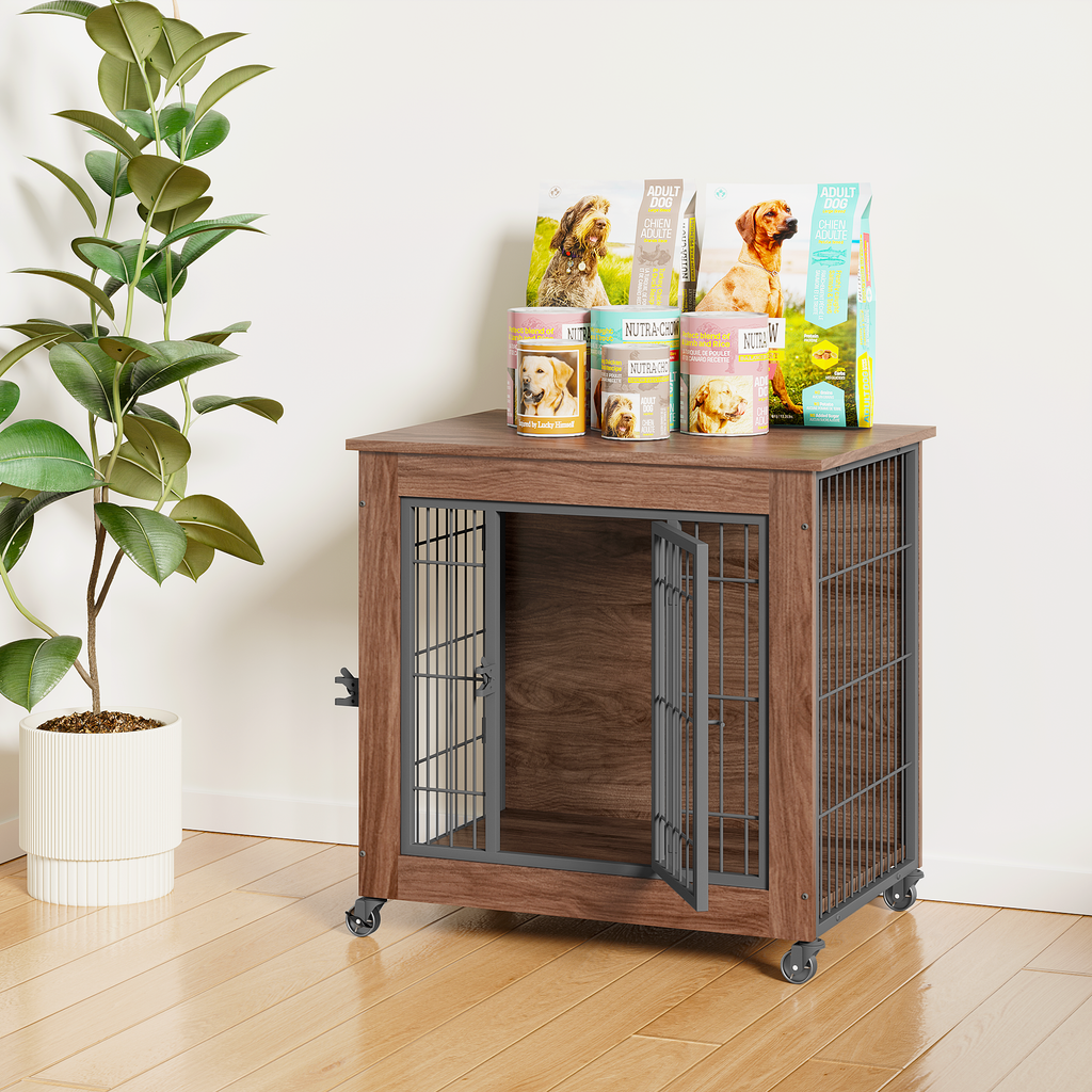 Wooden pet crate with open door, dog food packages on top, and a plant on the side.