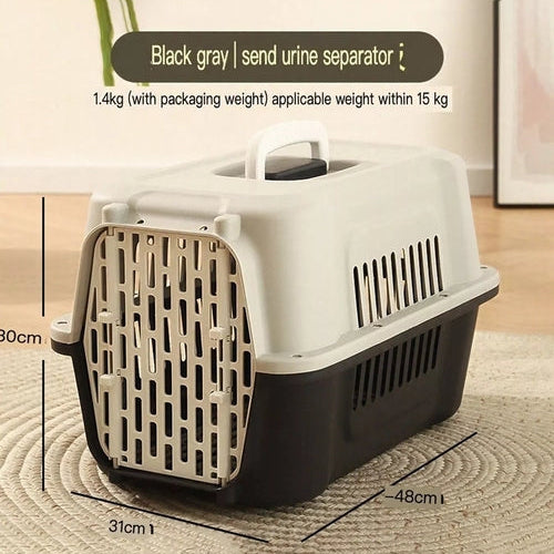 Pet carrier with dimensions displayed on a rug