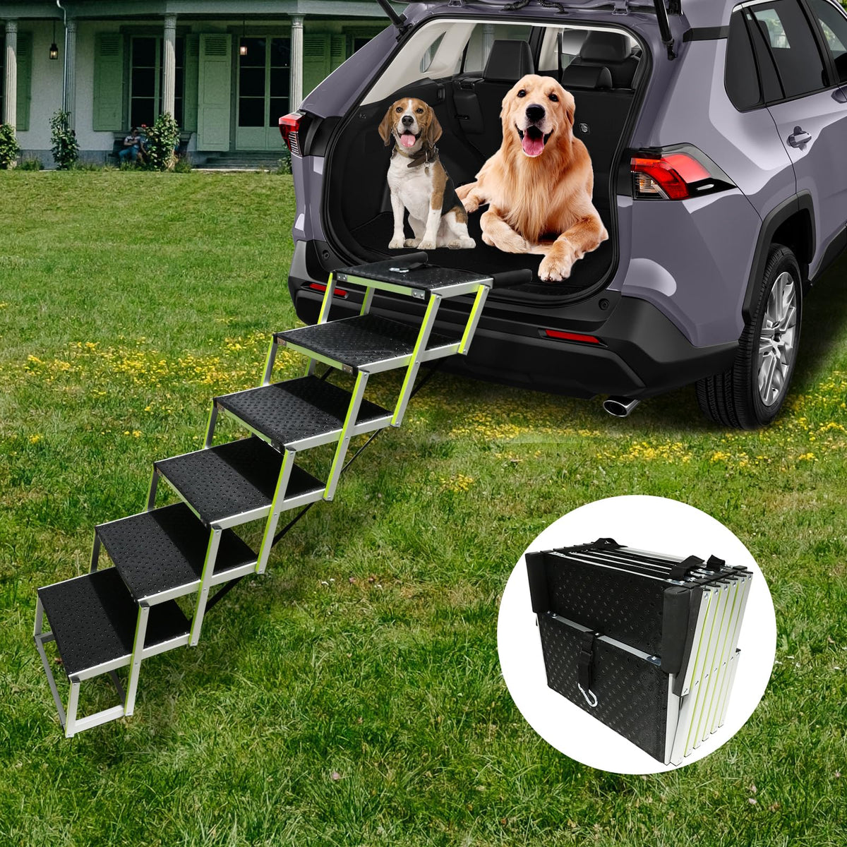 PENSUN Foldable Aluminium Dog Car Ramp — 6-Step, Anti-Slip, 250lb Rated, Fits Car/SUV/Truck