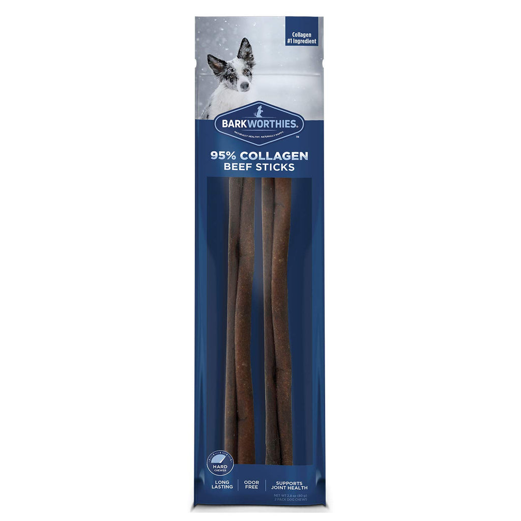 Barkworthies 95% Collagen Beef Sticks packaging with a dog on a white background