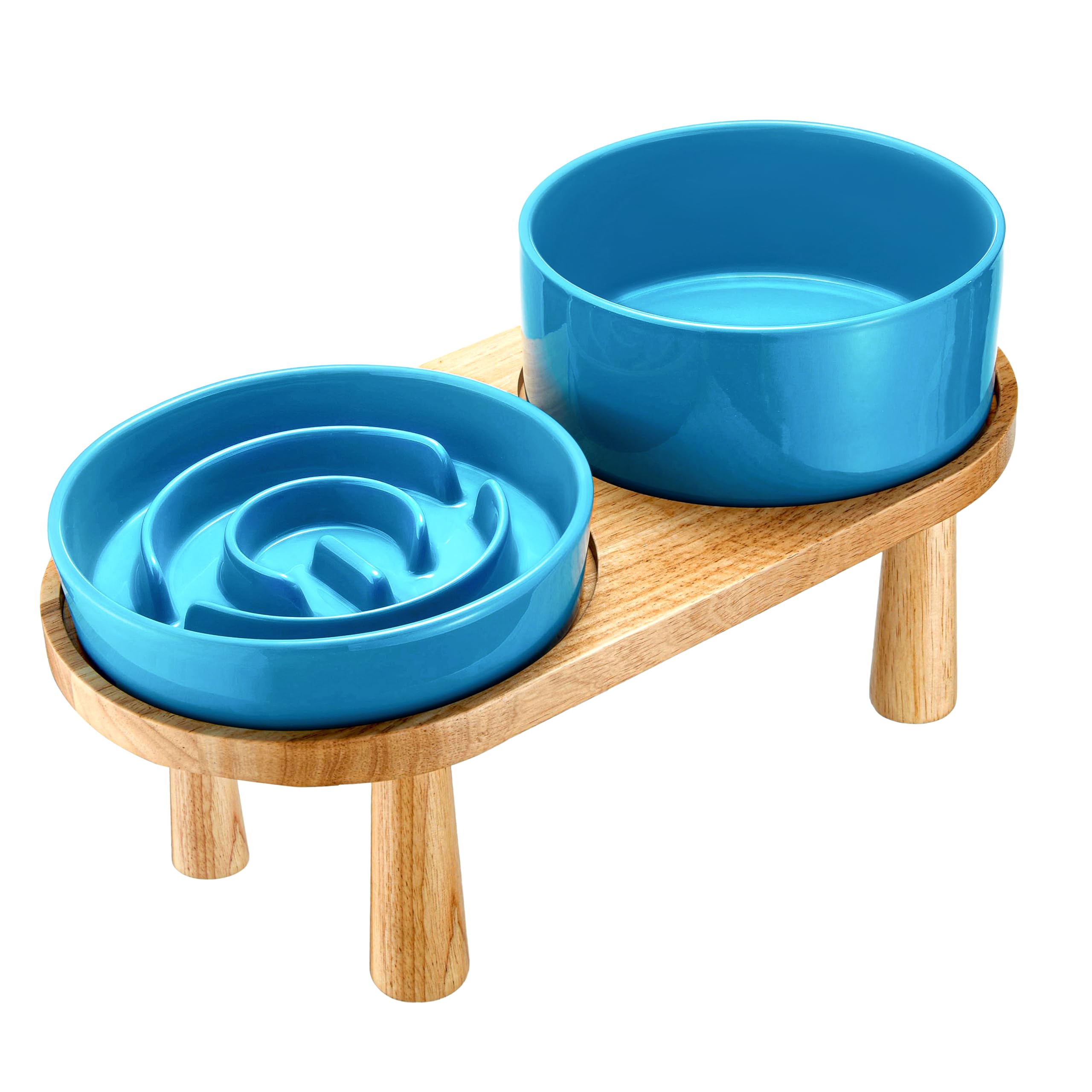 Blue pet bowls on a wooden stand with a white background