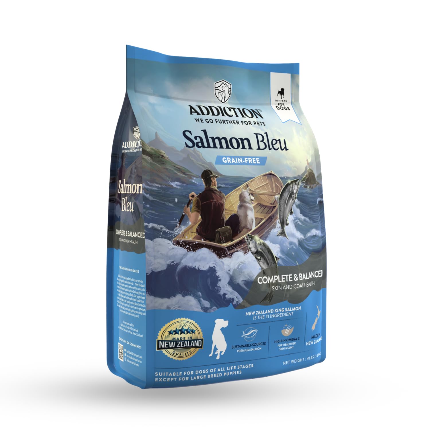 Addiction Salmon Bleu dog food package on a white background