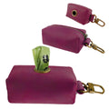 Purple pet waste bag dispenser with a bag of dog waste on a white background